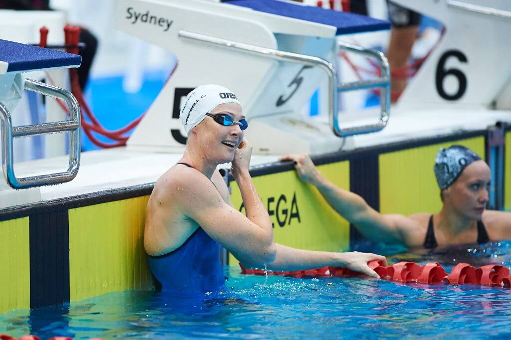 Cate Cambell all smiles after today's 100m free heats at the Sydney Open