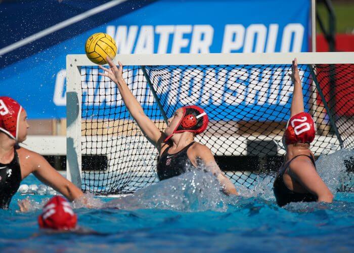May 11, 2019; Avery Aquatic Center, Palo Alto, CA, USA; Collegiate Women's Water Polo: NCAA Semi Finals: UCLA Bruins vs Stanford Cardinals; Stanford Goalkeeper Emalia Eichelberger reaches to make the save Photo credit: Catharyn Hayne