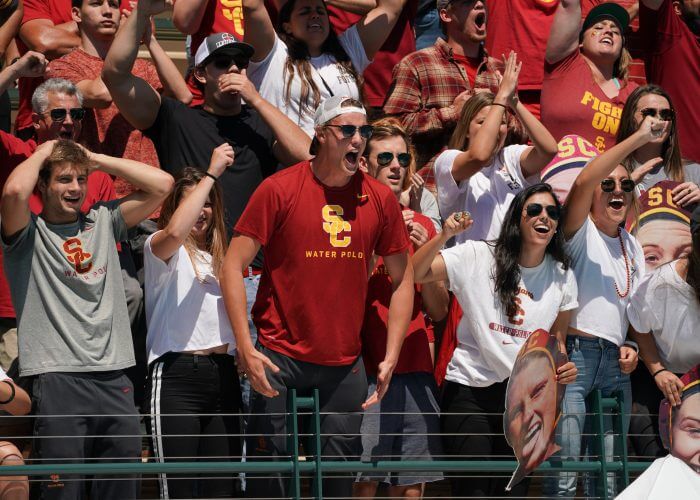 May 11, 2019; Avery Aquatic Center, Palo Alto, CA, USA; Collegiate Women's Water Polo: NCAA Semi Finals: USC Trojans vs California Golden Bears; USC Trojans Mens Water Polo Team are in the stands to cheer on the Women of Troy Photo credit: Catharyn Hayne