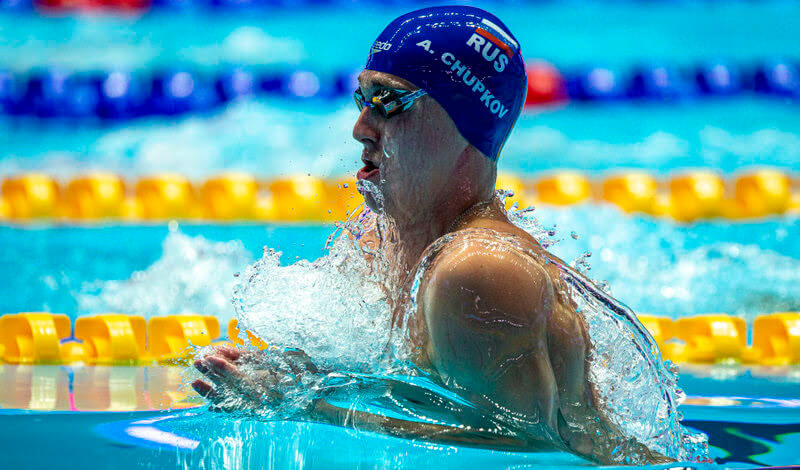 Anton Chupkov of Russia on his way to win in a New World Record time in the men's 200m Breaststroke Final during the Swimming events at the Gwangju 2019 FINA World Championships, Gwangju, South Korea, 26 July 2019.