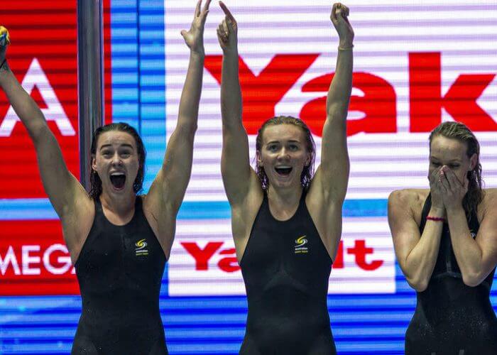 Team Australia celebrates after winning in the women's 4x200m Freestyle Relay Final during the Swimming events at the Gwangju 2019 FINA World Championships, Gwangju, South Korea, 25 July 2019.
