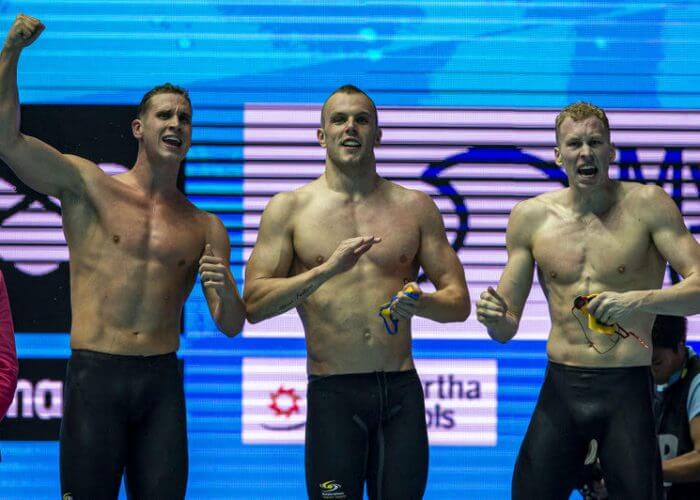 Team Australia celebrates after winning in the men's 4x200m Freestyle Relay Final during the Swimming events at the Gwangju 2019 FINA World Championships, Gwangju, South Korea, 26 July 2019.