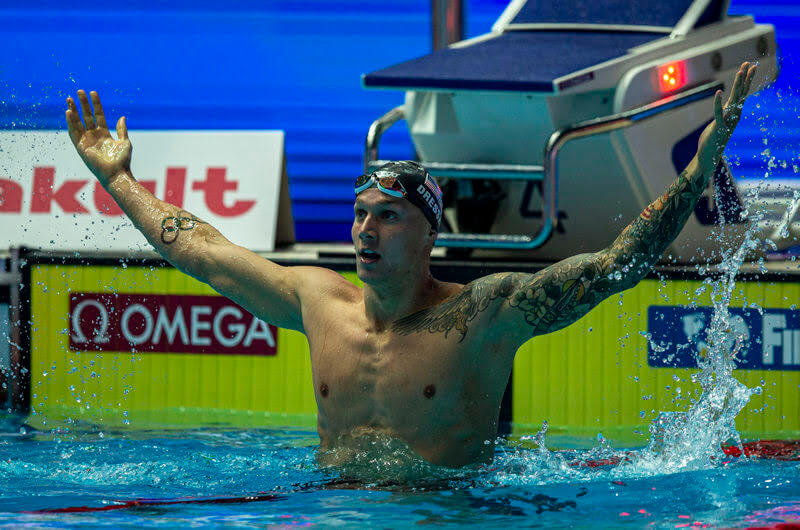 Caeleb Dressel of the United States of America (USA) celebrates after winning in the men's 100m Freestyle Final during the Swimming events at the Gwangju 2019 FINA World Championships, Gwangju, South Korea, 25 July 2019.