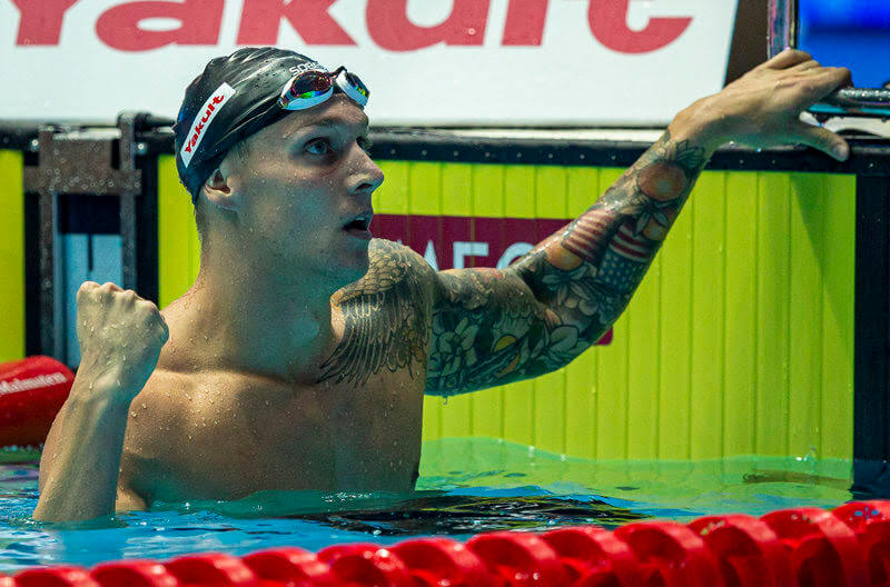 Caeleb Dressel of the United States of America (USA) celebrates a New World Record after competing in the men's 100m Butterfly Semifinal during the Swimming events at the Gwangju 2019 FINA World Championships, Gwangju, South Korea, 26 July 2019.