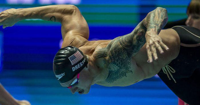 Caeleb Dressel of the United States of America (USA) on his way winning in the men's 100m Butterfly Final during the Swimming events at the Gwangju 2019 FINA World Championships, Gwangju, South Korea, 27 July 2019.