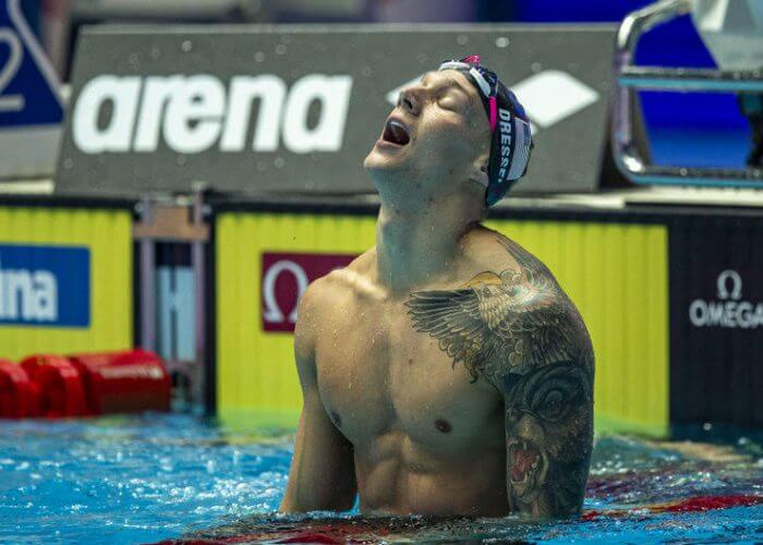 Caeleb Dressel of the United States of America (USA) celebrates after winning in the men's 100m Butterfly Final during the Swimming events at the Gwangju 2019 FINA World Championships, Gwangju, South Korea, 27 July 2019.
