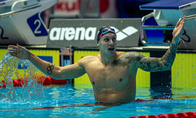 Caeleb Dressel of the United States of America (USA) celebrates after winning in the men's 100m Butterfly Final during the Swimming events at the Gwangju 2019 FINA World Championships, Gwangju, South Korea, 27 July 2019.