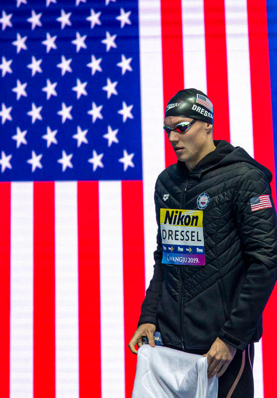 Caeleb Dressel of the United States of America (USA) walks in before competing in the men's 50m Freestyle Semifinal during the Swimming events at the Gwangju 2019 FINA World Championships, Gwangju, South Korea, 26 July 2019.