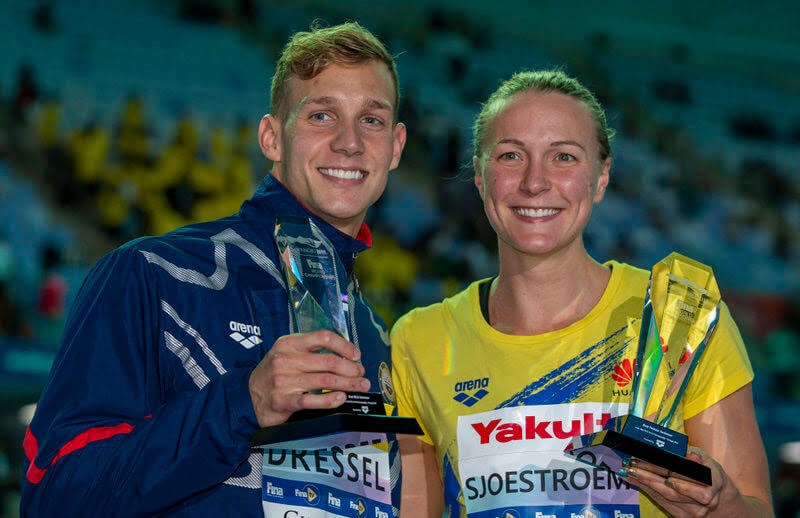 Caeleb Dressel (L) of the United States of America (USA) and Sarah Sjostrom of Sweden pose with the trophy for the best male and female swimmer at the Swimming events at the Gwangju 2019 FINA World Championships, Gwangju, South Korea, 28 July 2019.