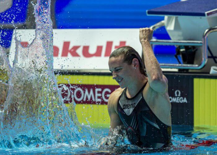 Katinka Hosszu of Hungary celebrates after winning in the women's 400m Individual Medley (IM) Final during the Swimming events at the Gwangju 2019 FINA World Championships, Gwangju, South Korea, 28 July 2019.