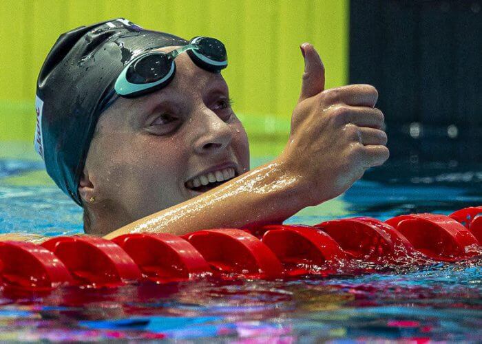 Katie Ledecky of the United States of America (USA) reacts after winning in the women’s 800m Freestyle Final during the Swimming events at the Gwangju 2019 FINA World Championships, Gwangju, South Korea, 27 July 2019.