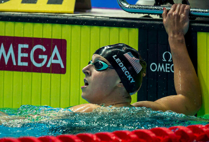 Katie Ledecky of the United States of America (USA) reacts after winning in the women’s 800m Freestyle Final during the Swimming events at the Gwangju 2019 FINA World Championships, Gwangju, South Korea, 27 July 2019.