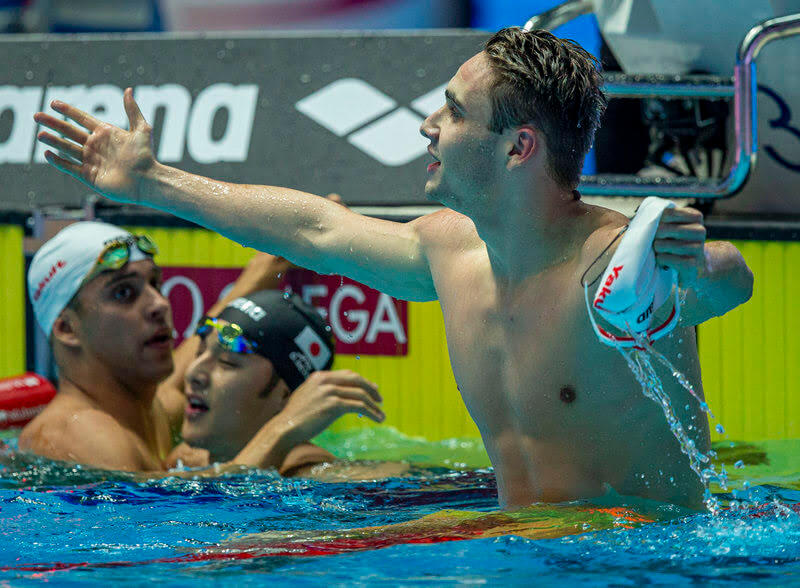 Kristof Milak of Hungary celebrates after winning in the men's 200m Butterfly Final during the Swimming events at the Gwangju 2019 FINA World Championships, Gwangju, South Korea, 24 July 2019.