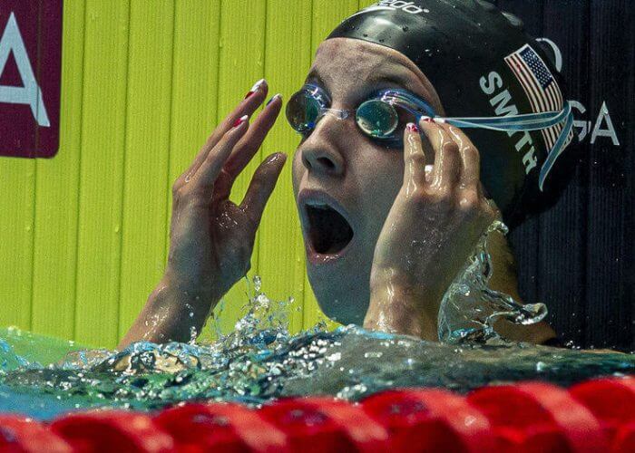 Regan Smith of the United States of America (USA) celebrates a New World Record after competing in the women’s 200m Backstroke Semifinal during the Swimming events at the Gwangju 2019 FINA World Championships, Gwangju, South Korea, 26 July 2019.