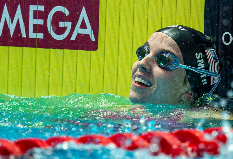 Regan Smith of the United States of America (USA) reacts after winning in the women’s 200m Backstroke Final during the Swimming events at the Gwangju 2019 FINA World Championships, Gwangju, South Korea, 27 July 2019.