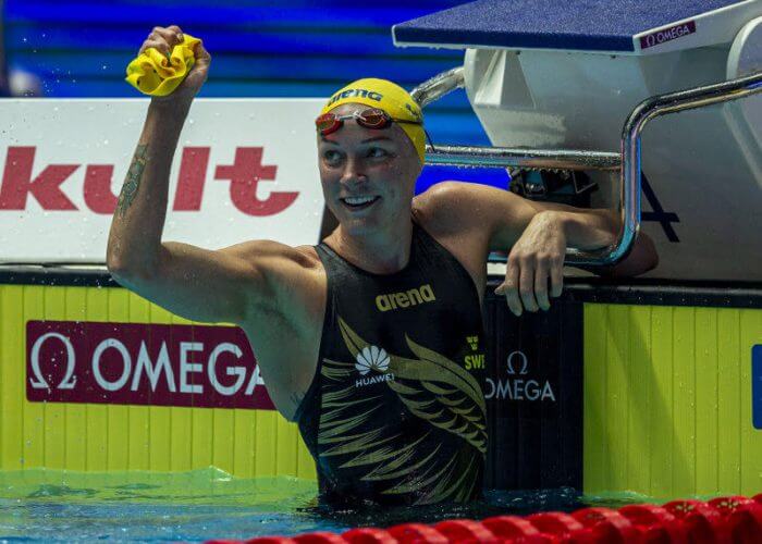 Sarah Sjostrom of Sweden celebrates after winning in the women's 50m Butterfly Final during the Swimming events at the Gwangju 2019 FINA World Championships, Gwangju, South Korea, 27 July 2019.