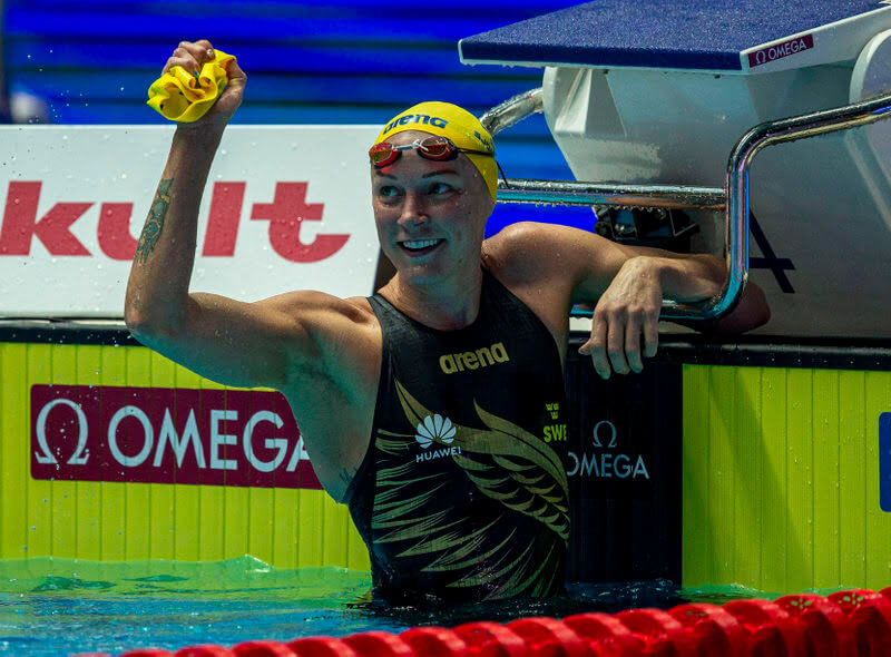 Sarah Sjostrom of Sweden celebrates after winning in the women's 50m Butterfly Final during the Swimming events at the Gwangju 2019 FINA World Championships, Gwangju, South Korea, 27 July 2019.