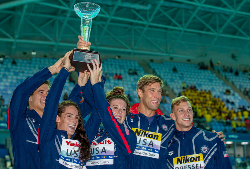 (L-R) Nathan Adrian, Leah Smith, Allison Schmitt, Matt Grevers and Caeleb Dressel of the United States of America (USA) pose with the trophy for the best Team at the Swimming events at the Gwangju 2019 FINA World Championships, Gwangju, South Korea, 28 July 2019.