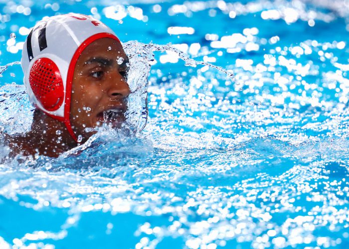 Lima, Monday, August 5, 2019 - Reuel D’Souza from Canada in action during his Men’s Water Polo Group Phase match against the United States at the Polideportivo Villa Maria del Triunfo at the Pan American Games Lima 2019. Copyright Marcos Brindicci / Lima 2019 Mandatory credits: Lima 2019 ** NO SALES ** NO ARCHIVES **