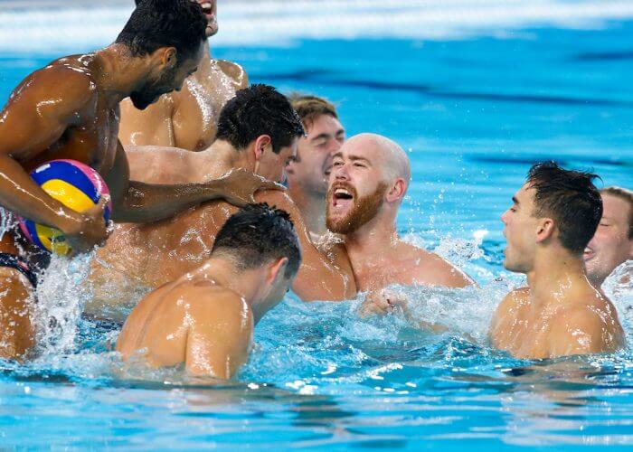 Lima, Saturday August 10, 2019 - The USA team celebrates after winning the Men´s Water Polo Gold match against Canada at the Complejo Deportivo Villa Maria del Triunfo at the Pan American Games Lima 2019. Copyright Enrique Cuneo / Lima 2019 Mandatory credits: Lima 2019 ** NO SALES ** NO ARCHIVES **