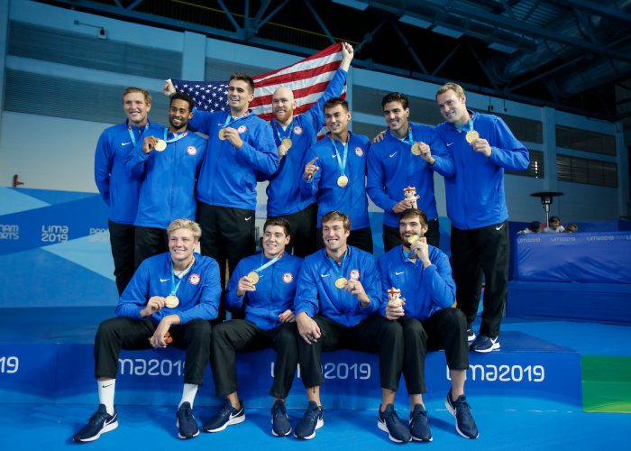 Lima, Saturday August 10, 2019 - The USA team celebrates the gold medal during the Men´s Water Polo Awards Ceremony at the Complejo Deportivo Villa Maria del Triunfo at the Pan American Games Lima 2019. Copyright Enrique Cuneo / Lima 2019 Mandatory credits: Lima 2019 ** NO SALES ** NO ARCHIVES **