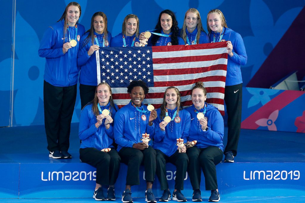 Lima, Saturday August 10, 2019 - USA ’s players celebrate after being awarded with the gold medal in Water Polo at the Complejo Deportivo Villa Maria del Triunfo at the Pan American Games Lima 2019. Enrique Cuneo / Lima 2019 Mandatory credits: Lima 2019 ** NO SALES ** NO ARCHIVES **