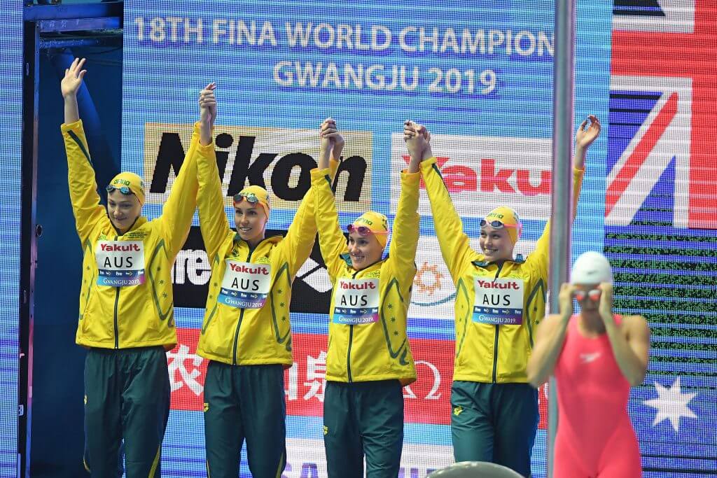 Relay Team AUS, Womens 4x100m Medley Final, 18th FINA World Swimming Championships 2019, 28 July 2019, Gwangju South Korea. Pic by Delly Carr/Swimming Australia. Pic credit requested and mandatory for free editorial usage. THANK YOU.