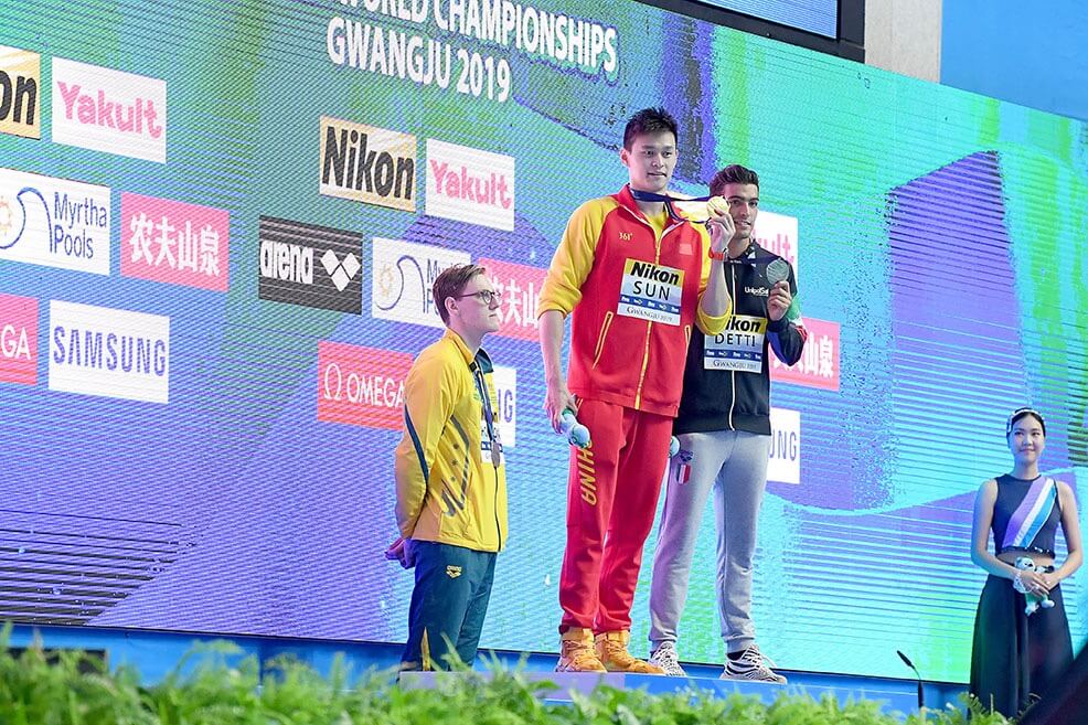 Mack Horton AUS protests Sun Yang's CHN Gold Medal, 400m Freestyle Final, 18th FINA World Swimming Championships 2019, 21 July 2019, Gwanju South Korea. Pic by Delly Carr/Swimming Australia. Pic credit requested and mandatory for free editorial usage. THANK YOU.