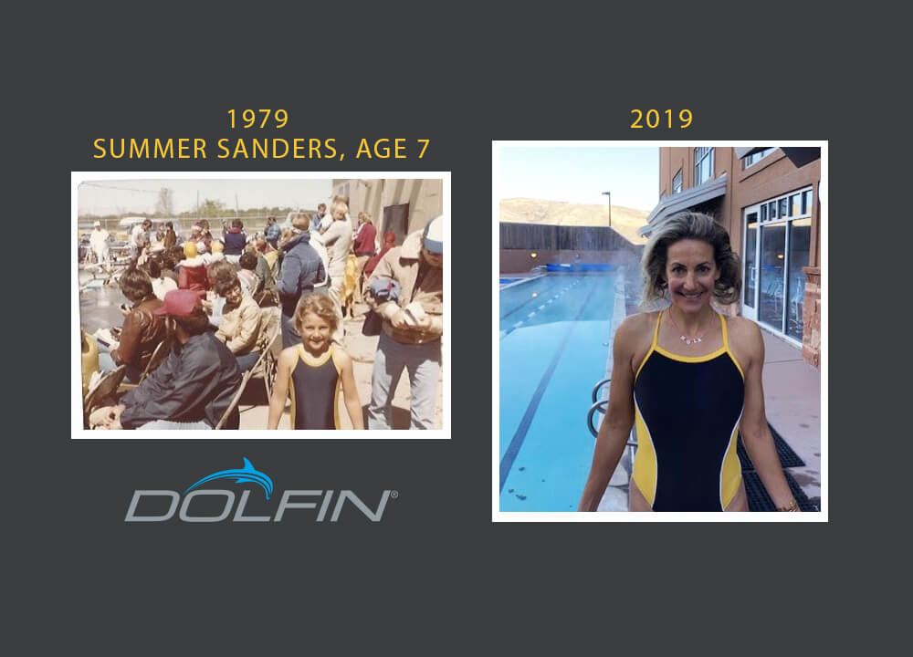 Summer Sanders in Dolfin at age 7 and today