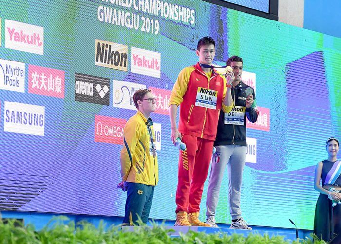 Mack Horton AUS protests Sun Yang's CHN Gold Medal, 400m Freestyle Final, 18th FINA World Swimming Championships 2019, 21 July 2019, Gwanju South Korea. Pic by Delly Carr/Swimming Australia. Pic credit requested and mandatory for free editorial usage. THANK YOU.