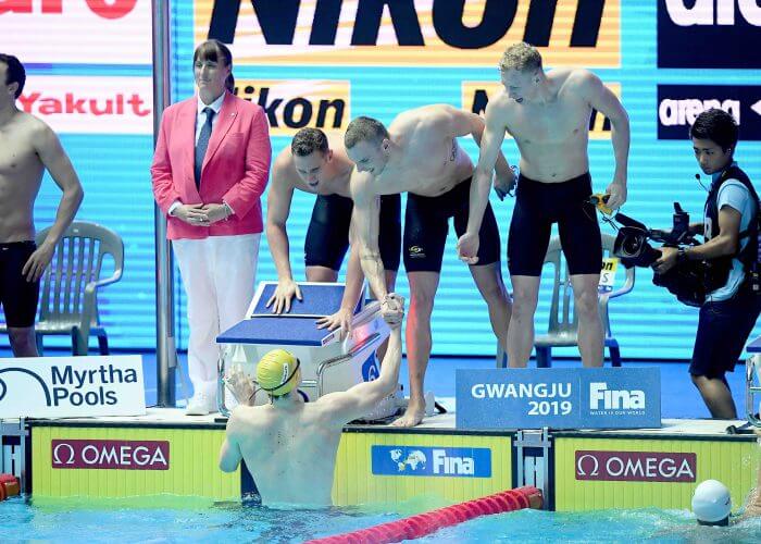 Relay Team AUS, Mens 4x200m Freestyle Final, 18th FINA World Swimming Championships 2019, 26 July 2019, Gwangju South Korea. Pic by Delly Carr/Swimming Australia. Pic credit requested and mandatory for free editorial usage. THANK YOU.