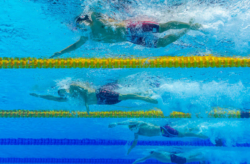 (From top) Daiya Seto of Japan, Jeremy Desplanches of Switzerland and Mitchell Larkin of Australia compete in the men's 200m Individual Medley (IM) Semifinal during the Swimming events at the Gwangju 2019 FINA World Championships, Gwangju, South Korea, 24 July 2019.