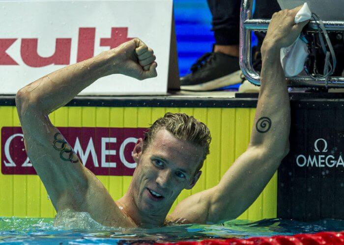 Jeremy Desplanches of Switzerland celebrates after finishing second in the men's 200m Individual Medley (IM) Final during the Swimming events at the Gwangju 2019 FINA World Championships, Gwangju, South Korea, 25 July 2019.