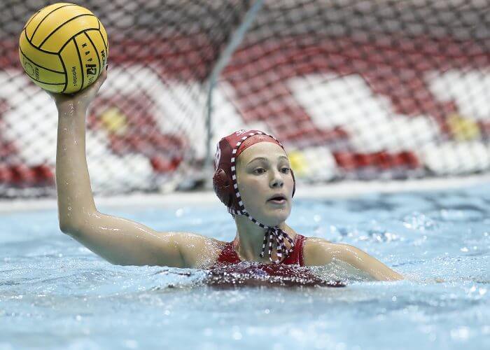 BLOOMINGTON, IN - March 01, 2019 - Goalkeeper Mary Askew #1 of the Indiana Hoosiers during the match against the Salem Tigers at the Aquatic Center in Bloomington, IN. Photo By Amelia Herrick/Indiana Athletics
