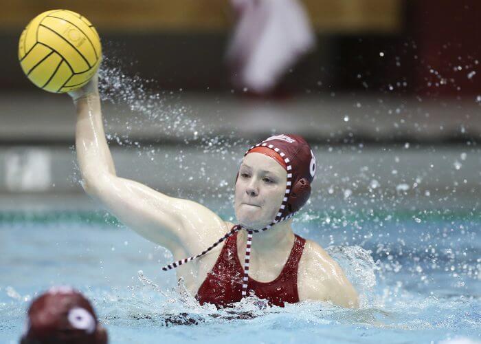 BLOOMINGTON, IN - March 01, 2019 - Utility Izzy Manadema #8 of the Indiana Hoosiers during the match against the Salem Tigers at the Aquatic Center in Bloomington, IN. Photo By Amelia Herrick/Indiana Athletics