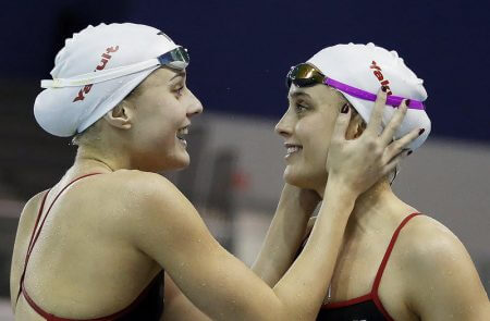 Signe BRO (L) of Denmark holds her sister Sarah during a training session held at the at the Windsor International Aquatic and Training Centre 1 day prior to the start of the 13th Fina World Short Course Swimming Championships held at the WFCU Centre in Windsor, Ontario, Canada, Monday, Dec. 5, 2016. (Photo by Patrick B. Kraemer / MAGICPBK)