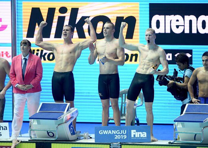 Relay Team AUS, Mens 4x200m Freestyle Final, 18th FINA World Swimming Championships 2019, 26 July 2019, Gwangju South Korea. Pic by Delly Carr/Swimming Australia. Pic credit requested and mandatory for free editorial usage. THANK YOU.