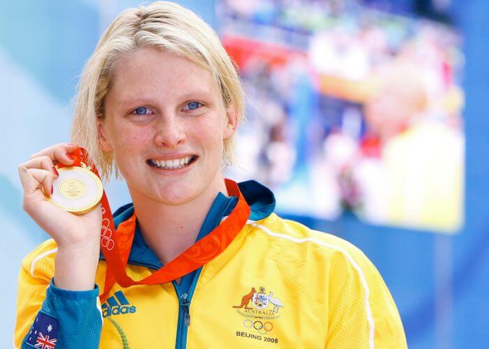 Leisel JONES of Australia poses with her gold medal after winning in the women's 100m breaststroke final in the national aquatics center at the Beijing 2008 Olympic Games in Beijing, China, Sunday, April 6, 2008. (Photo by Patrick B. Kraemer / MAGICPBK)