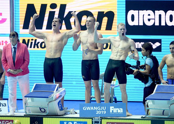 Relay Team AUS, Mens 4x200m Freestyle Final, 18th FINA World Swimming Championships 2019, 26 July 2019, Gwangju South Korea. Pic by Delly Carr/Swimming Australia. Pic credit requested and mandatory for free editorial usage. THANK YOU.