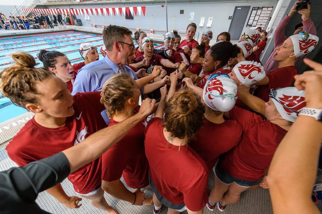 Washington State versus Idaho during the Cougars 178-84 win over the Vandals in a non-conference NCAA college women's swim meet Friday, Oct. 18, 2019 at Gibb Pool in Pullman, Wash. It was also Alumni Night, with several swimming alumni present.