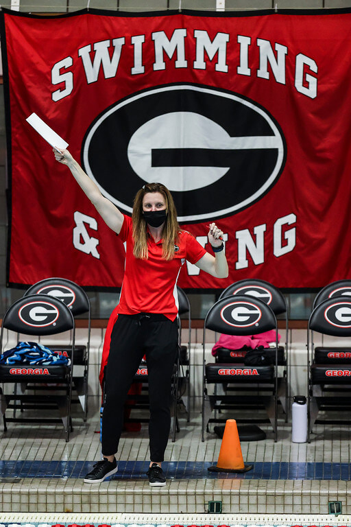 Georgia associate head coach Stefani Williams Moreno during a meet against Florida at the Gabrielsen Natatorium in Athens, Ga., on Friday, Oct. 30, 2020. (Photo by Tony Walsh)