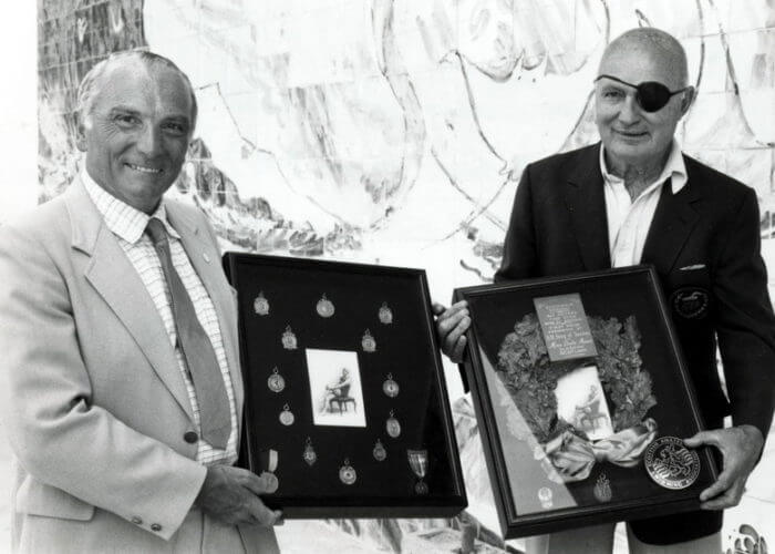 1988 Dad and Buck Dawson with Belle Moore's Memorabilia at the International Swimming Hall of Fame