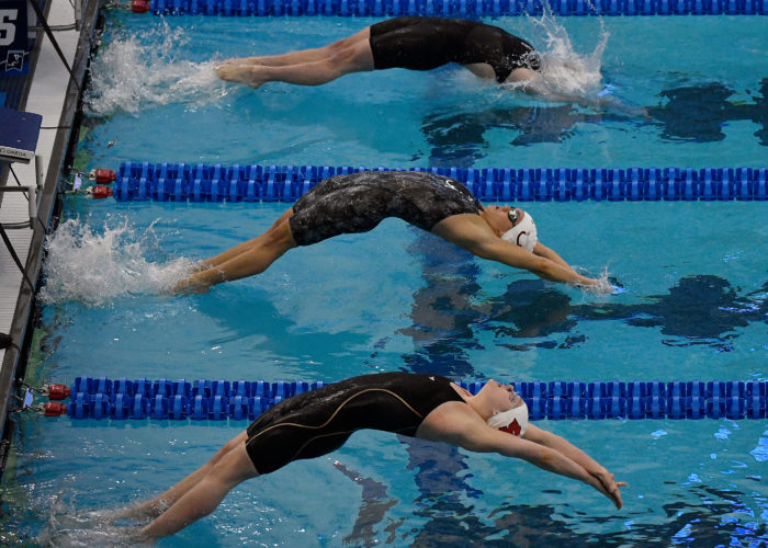 GREENSBORO, NORTH CAROLINA - MARCH 20: A general view of the 200 Yard Backstroke Championship Final during the Division I Women’s Swimming & Diving Championships held at the Greensboro Aquatic Center on March 20, 2021 in Greensboro, North Carolina. (Photo by Mike Comer/NCAA Photos via Getty Images)