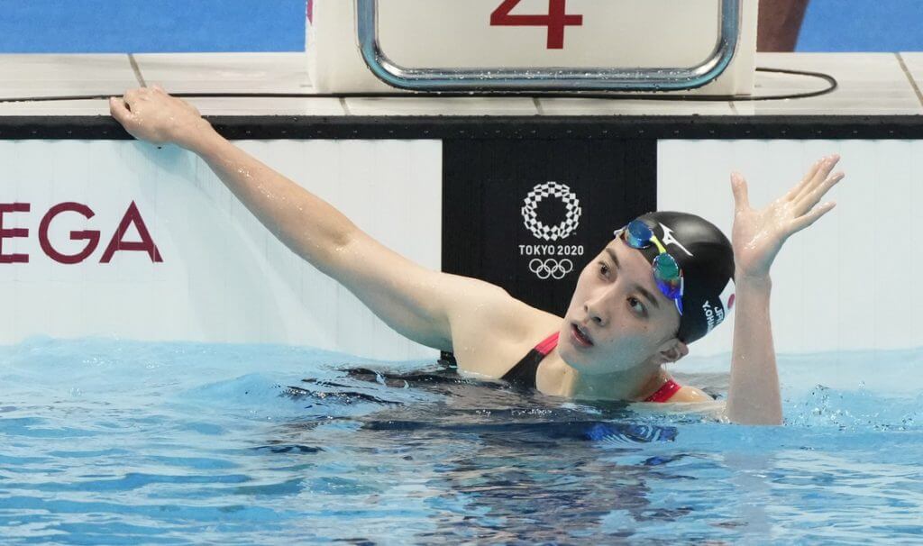 Jul 24, 2021; Tokyo, Japan; Yui Ohashi (JPN) reacts after the women's 400m individual medley heats during the Tokyo 2020 Olympic Summer Games at Tokyo Aquatics Centre. Mandatory Credit: Rob Schumacher-USA TODAY Network