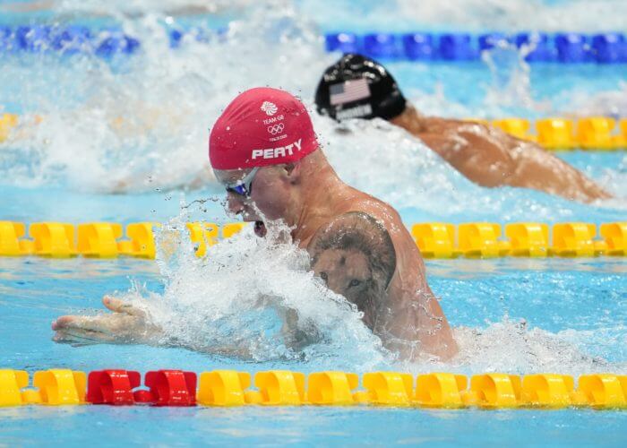 Jul 25, 2021; Tokyo, Japan; Adam Peaty (GBR) during the men's 100m breaststroke semifinals during the Tokyo 2020 Olympic Summer Games at Tokyo Aquatics Centre. Mandatory Credit: Rob Schumacher-USA TODAY Network