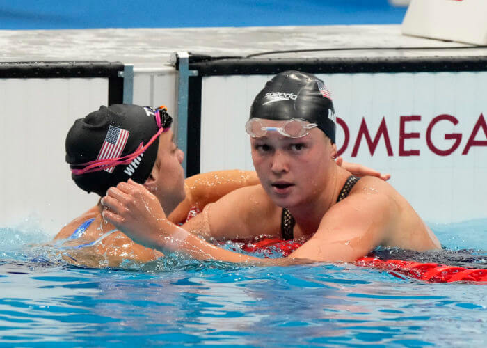Jul 31, 2021; Tokyo, Japan; Phoebe Bacon (USA) and Rhyan White (USA) react after the women's 200m backstroke final during the Tokyo 2020 Olympic Summer Games at Tokyo Aquatics Centre. Mandatory Credit: Rob Schumacher-USA TODAY Sports