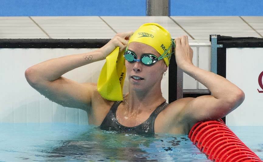Jul 24, 2021; Tokyo, Japan; Emma McKeon (AUS) after the women's 100m butterfly heats during the Tokyo 2020 Olympic Summer Games at Tokyo Aquatics Centre. Mandatory Credit: Rob Schumacher-USA TODAY Network