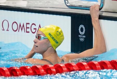 Jul 28, 2021; Tokyo, Japan; Emma McKeon (AUS) after the women's 100m freestyle heats during the Tokyo 2020 Olympic Summer Games at Tokyo Aquatics Centre. Mandatory Credit: Grace Hollars-USA TODAY Sports