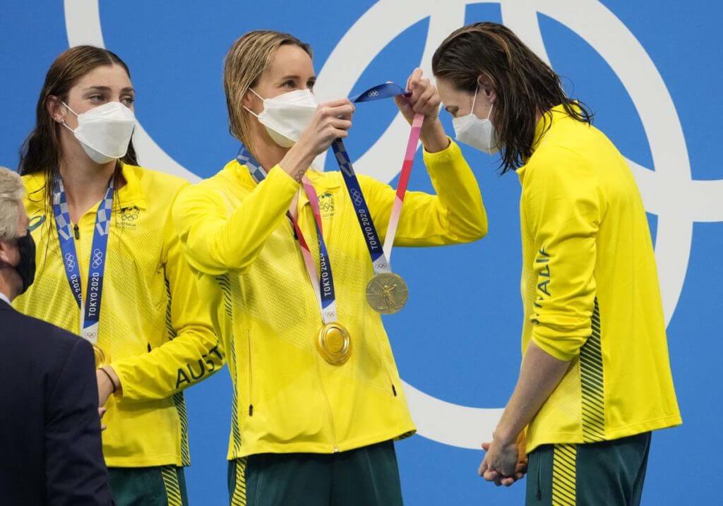 olympics, Jul 25, 2021; Tokyo, Japan; Team Australia members Bronte Campbell, Meg Harris, Emma McKeon and Cate Campbell celebrate their gold medal during the medals ceremony for the women's 4x100m freestyle relay during the Tokyo 2020 Olympic Summer Games at Tokyo Aquatics Centre. Mandatory Credit: Rob Schumacher-USA TODAY Network