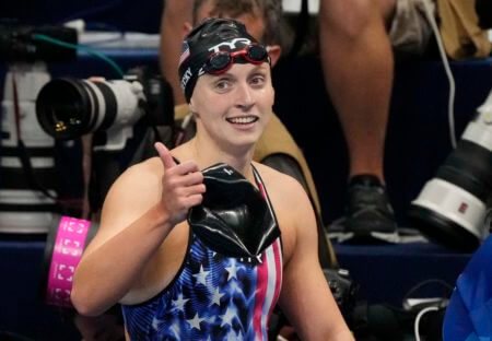 Jul 31, 2021; Tokyo, Japan; Katie Ledecky (USA) after winning the women's 800m freestyle final during the Tokyo 2020 Olympic Summer Games at Tokyo Aquatics Centre. Mandatory Credit: Rob Schumacher-USA TODAY Sports